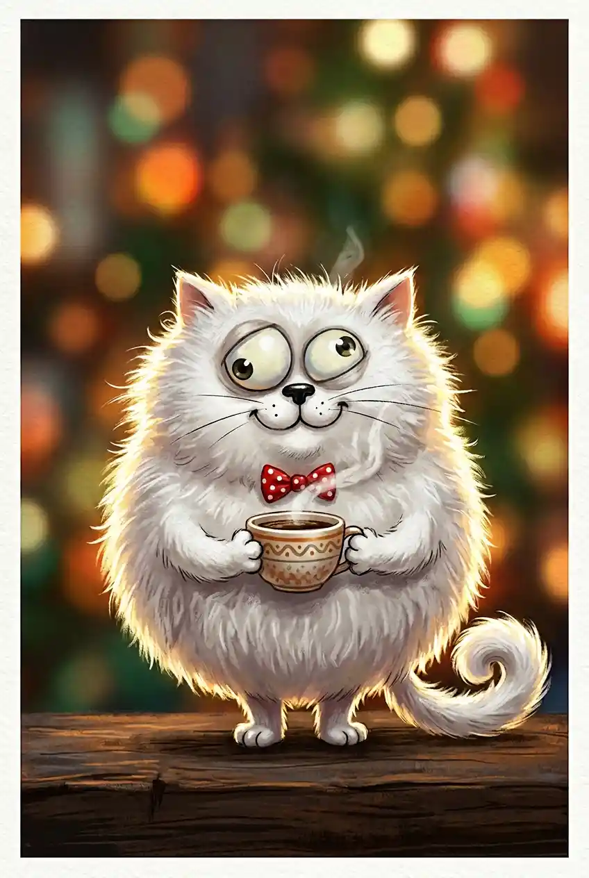 Flauschige weiße Cartoon-Katze mit Kaffeetasse