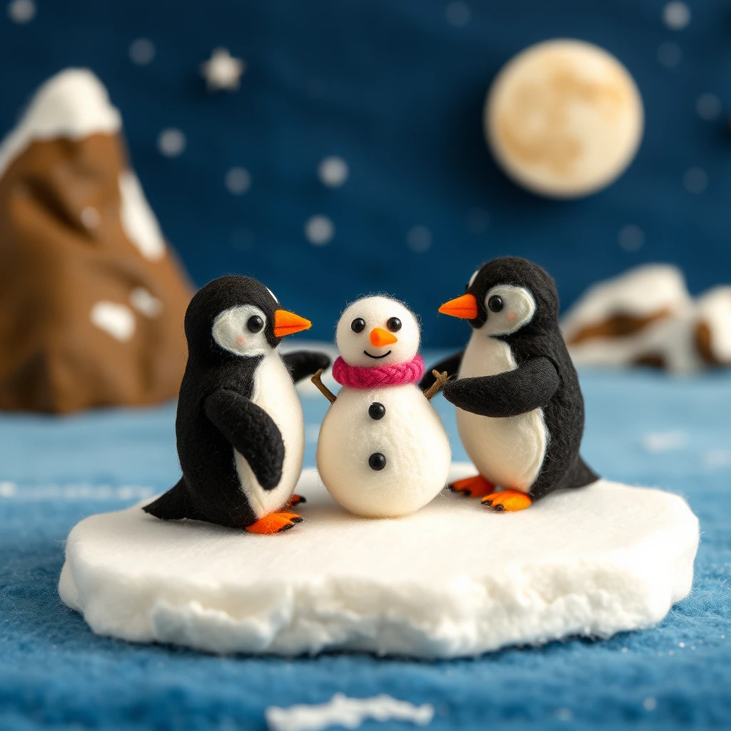 Pinguini di feltro che costruiscono un pupazzo di neve sul ghiaccio artico di notte