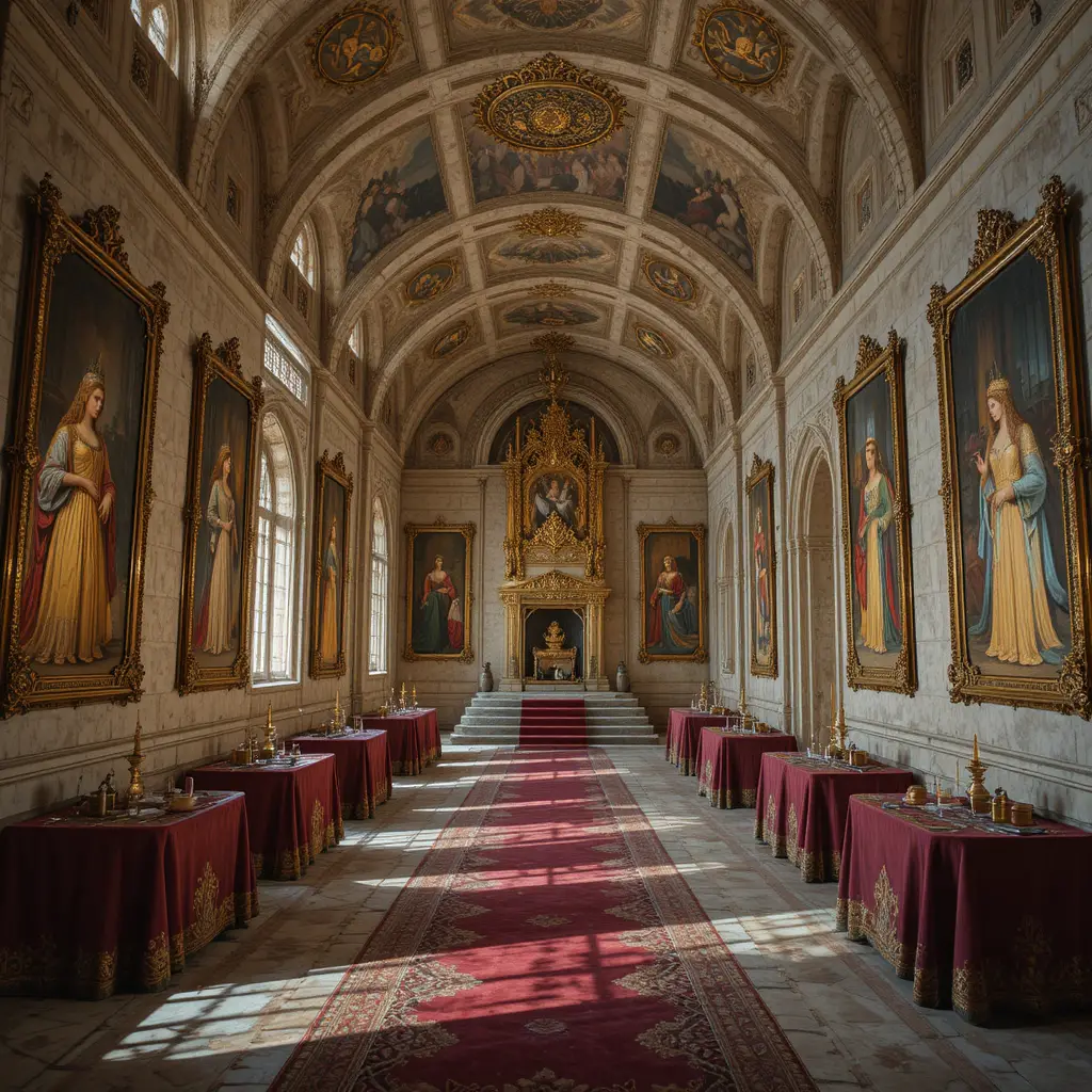 Prunkvoller goldener Schlosskorridor zu einem großen Thron