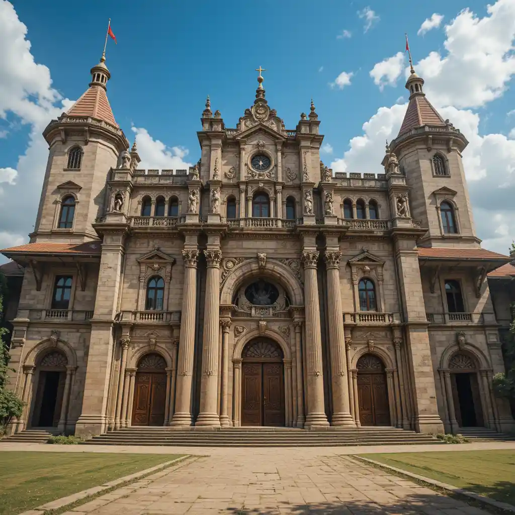 Palácio da era dos gladiadores antigos com grandiosos portais dourados