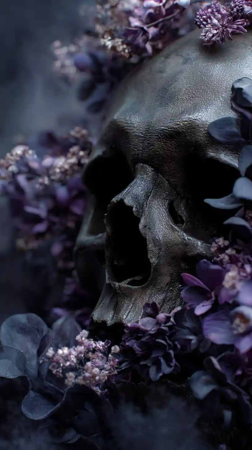 Gros plan d’un crâne ancien dans une brume florale sombre