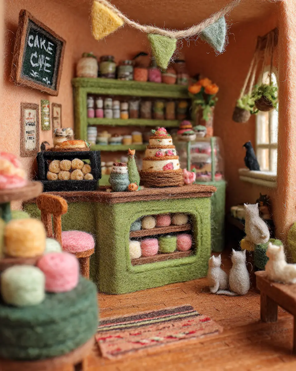 Gemütliches Filz-Café-Interieur mit versteckten Katzen
