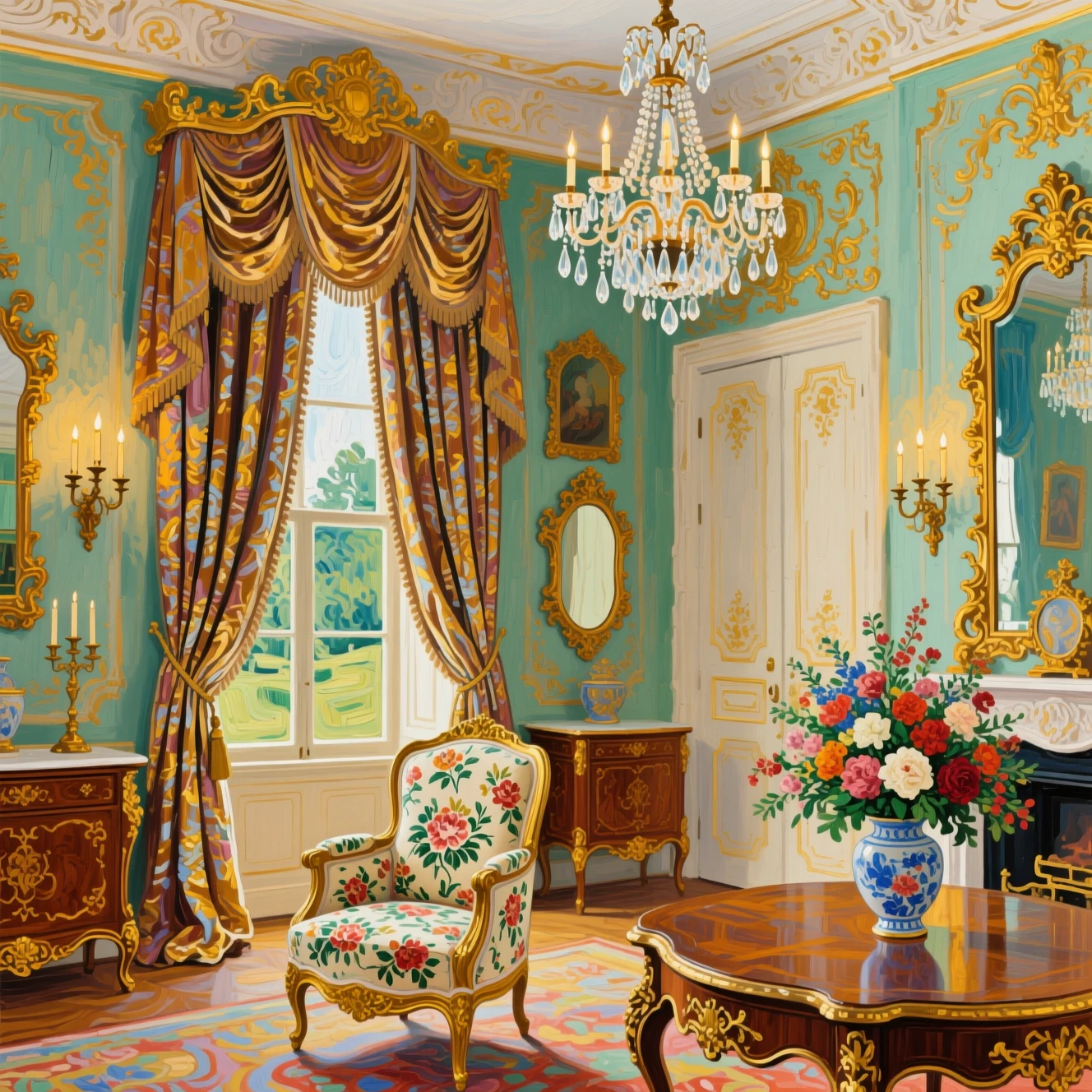 Luxurious classical palace interior with ornate armchair and chandeliers