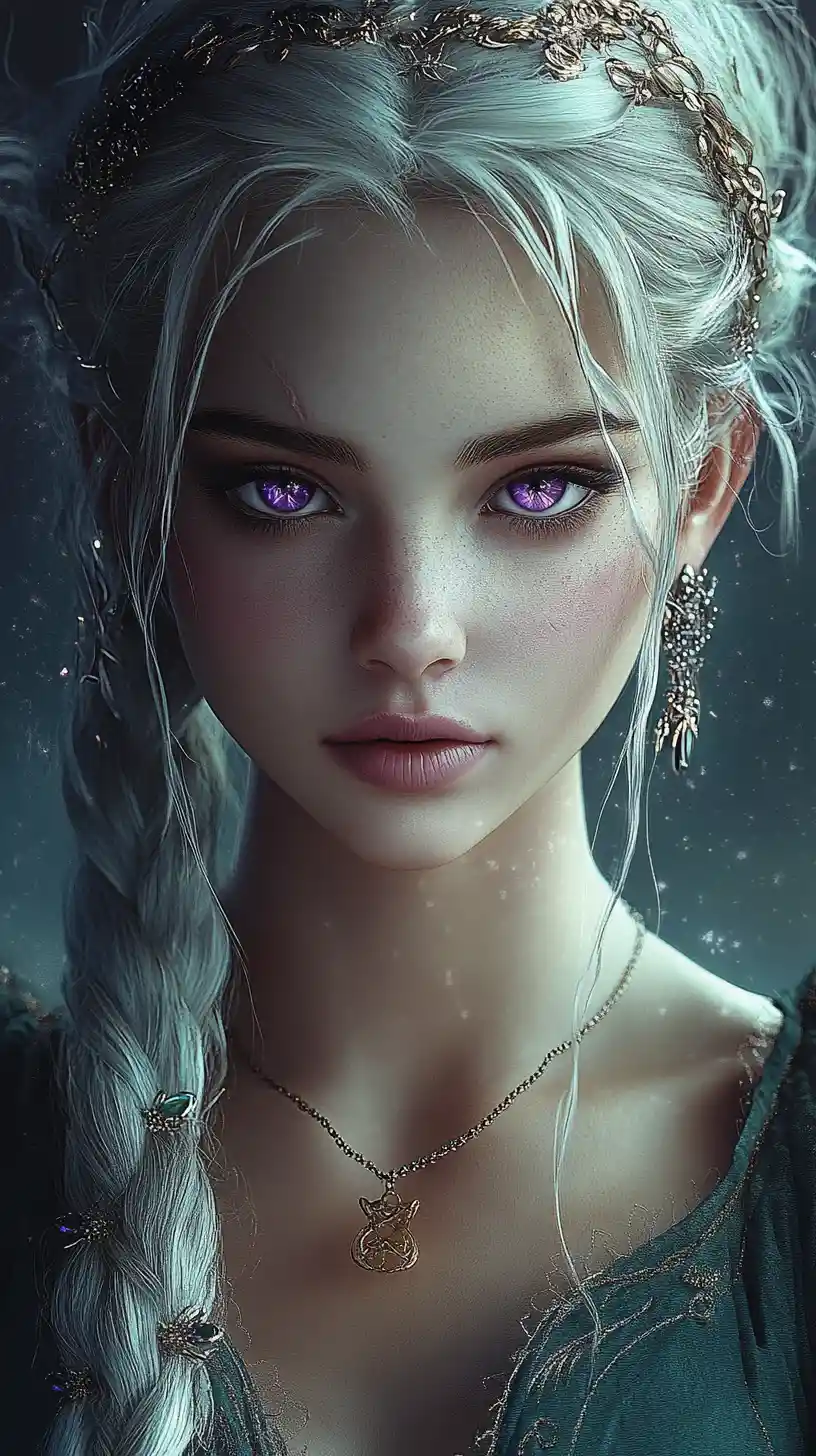 Alien princess with purple eyes on a lunar landscape