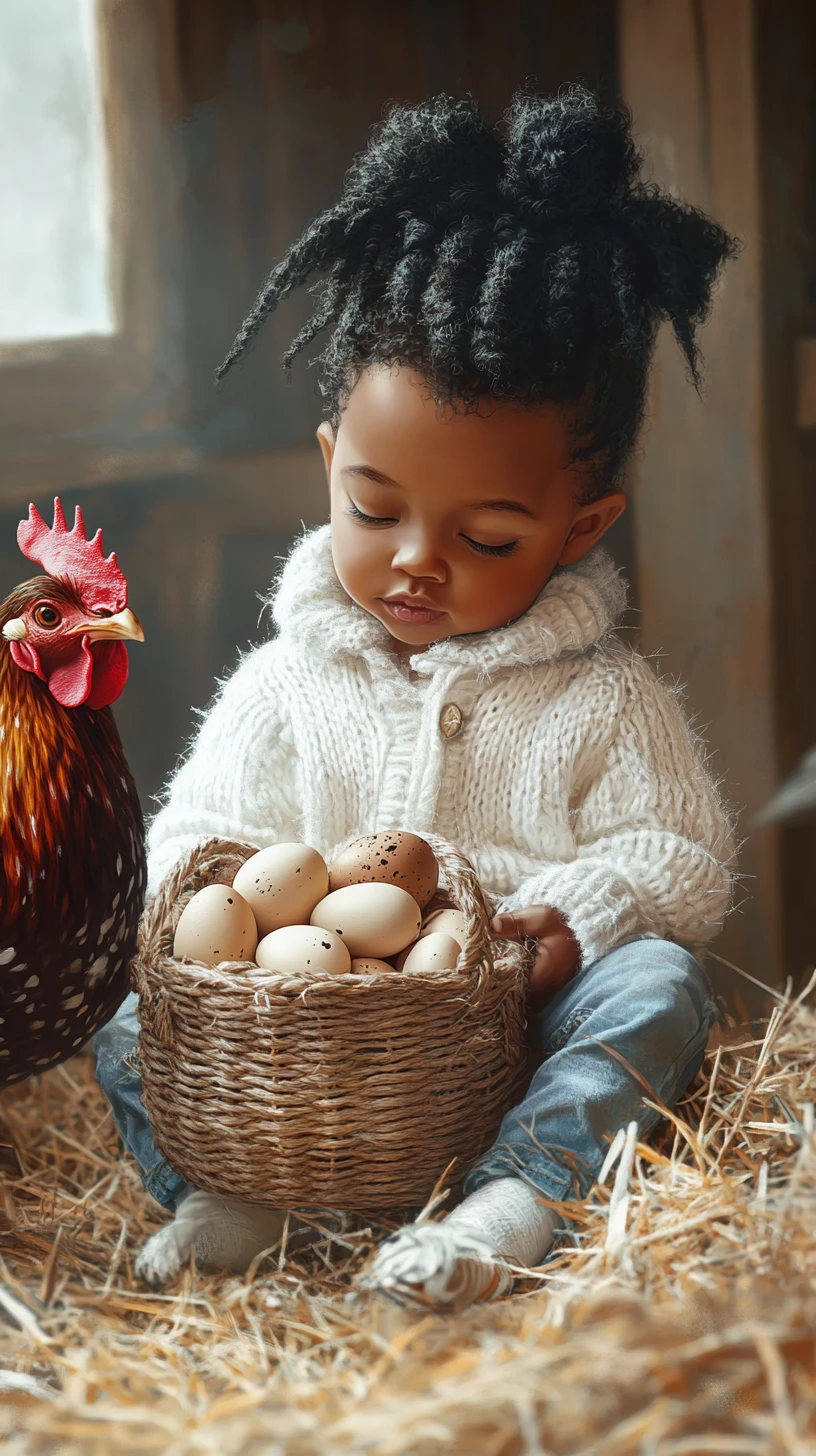 Bebê menino com cesta de ovos sentado em celeiro rústico