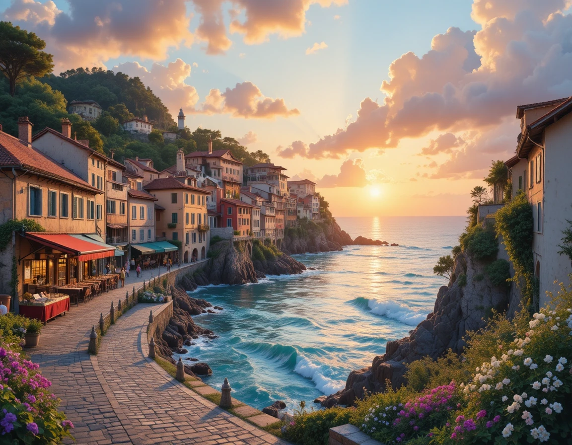 Calles de un tranquilo pueblo costero iluminadas por la suave luz del atardecer