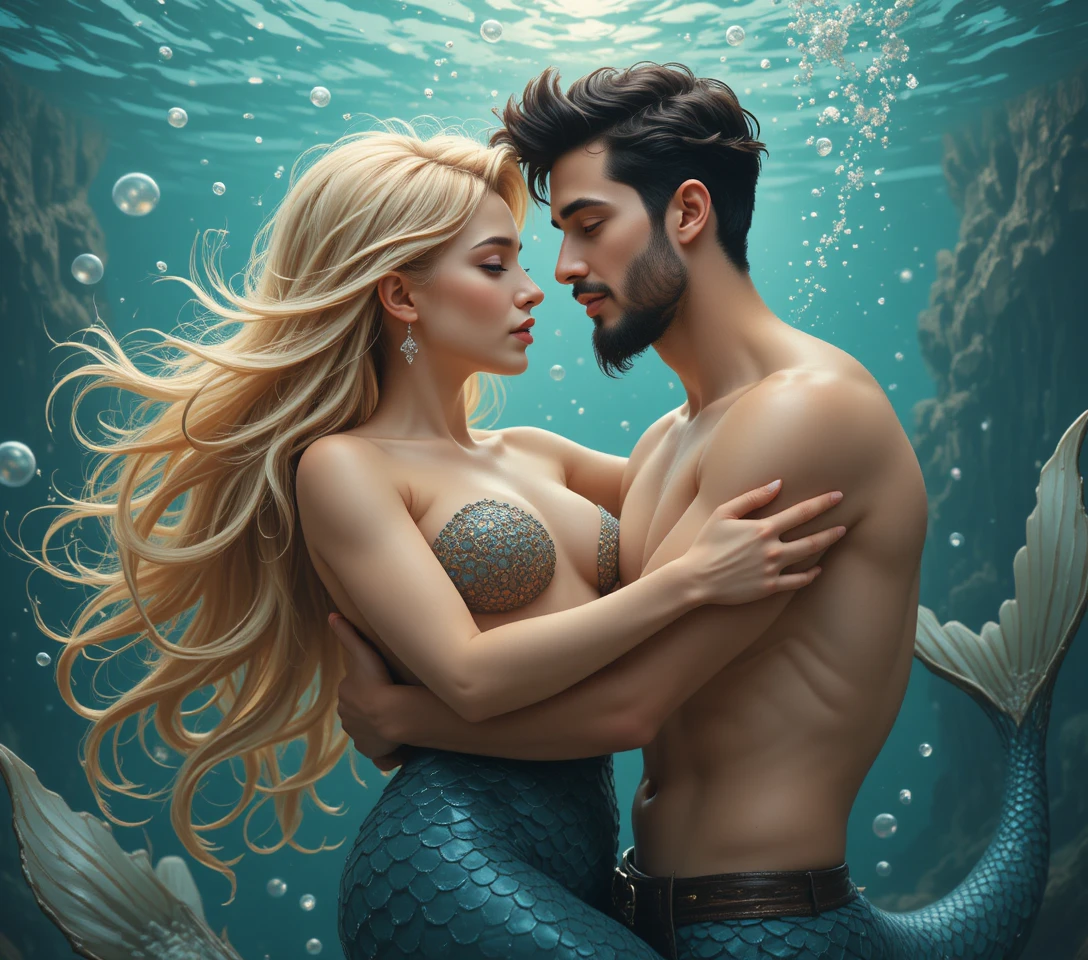 Sirena e tritone romantici si abbracciano in una scena subacquea