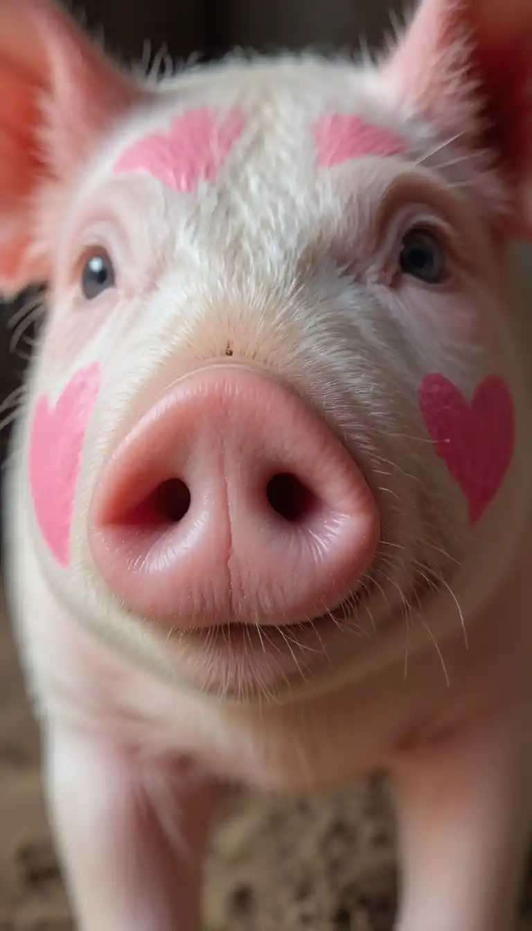 Primer plano de un hocico de cerdo con patrón de corazón rosa pintado