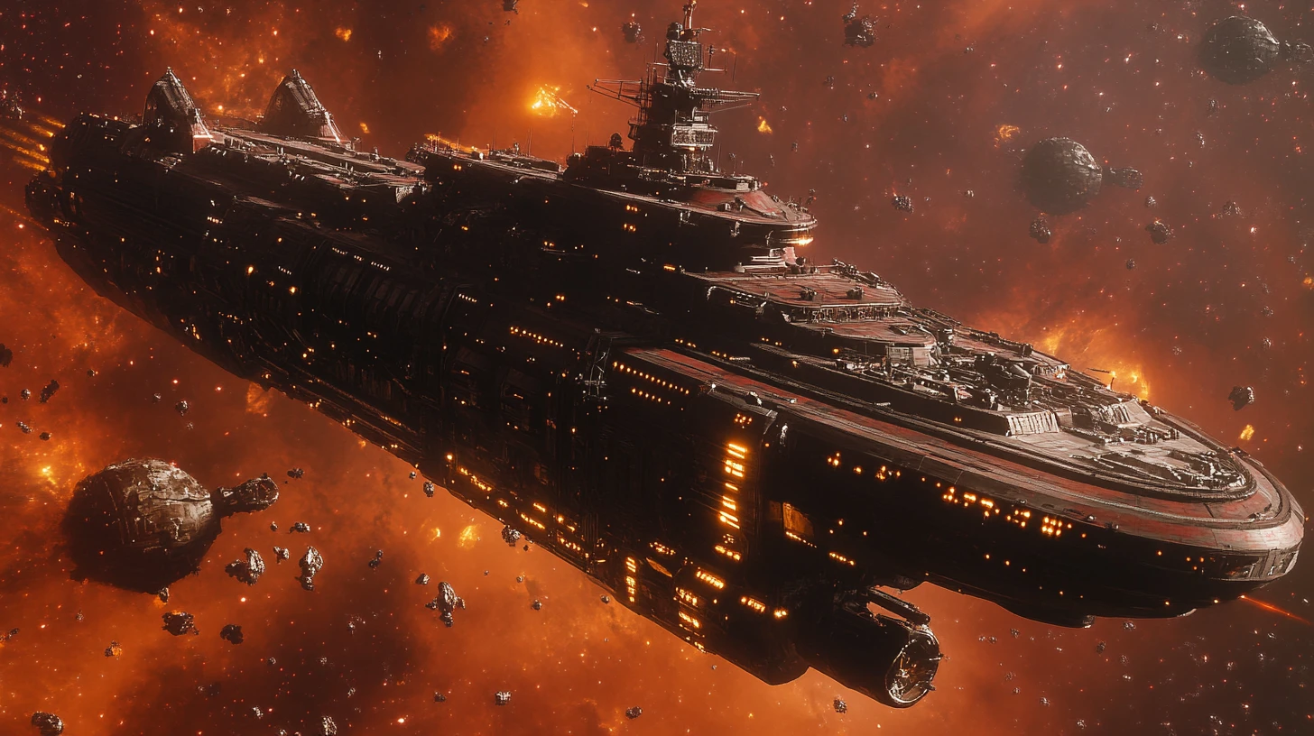 Retro futurist dreadnought battleship drifting in glowing nebula