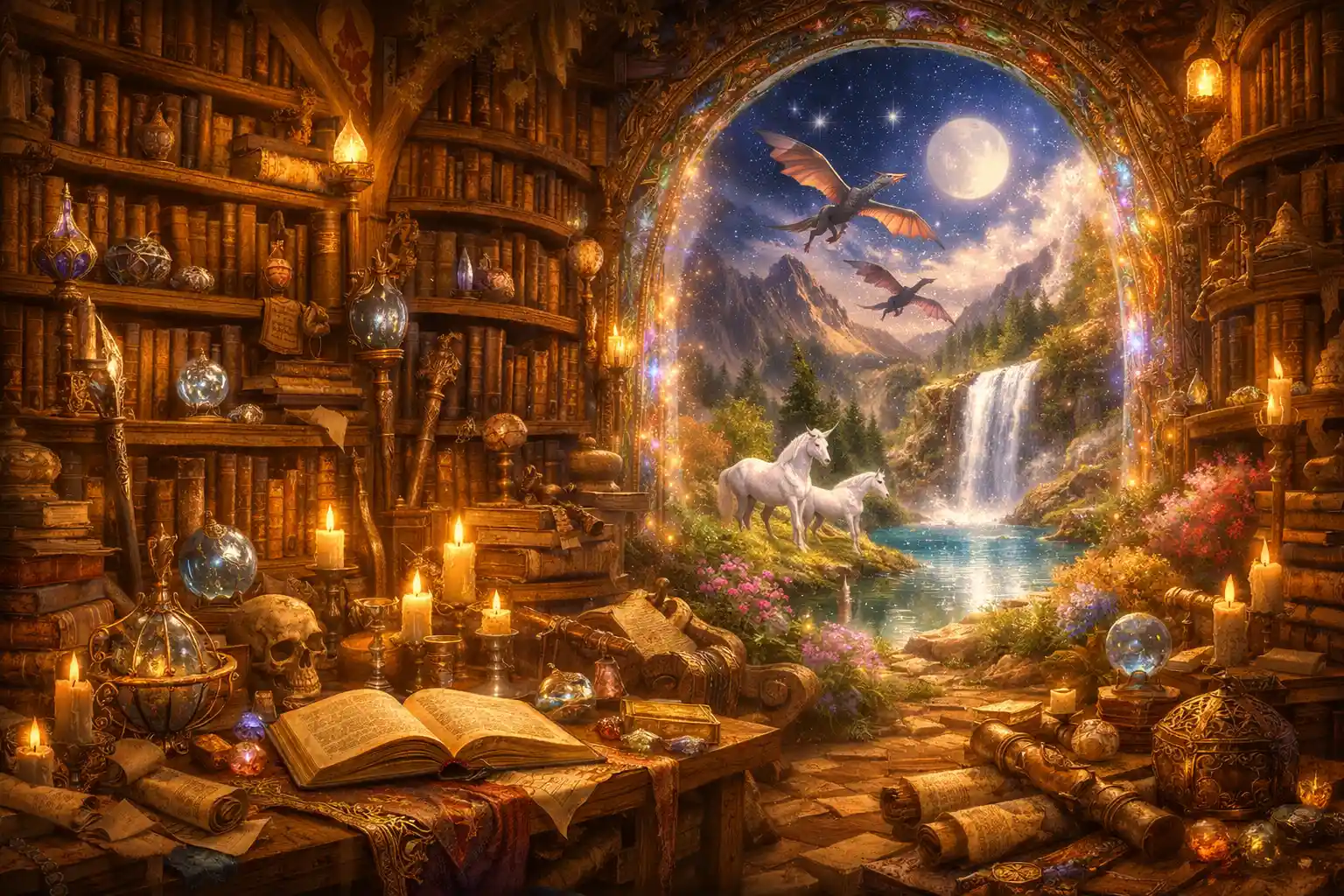 Mystical wizard library filled with ancient books and artifacts