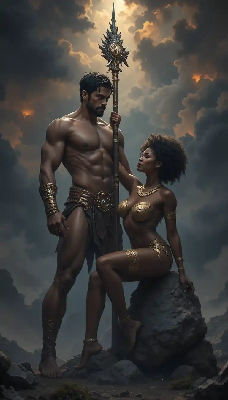 Mythic couple kneeling under dramatic red clouded sky