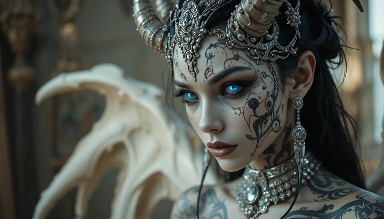 Cinematic portrait of a silver demon woman with bokeh background