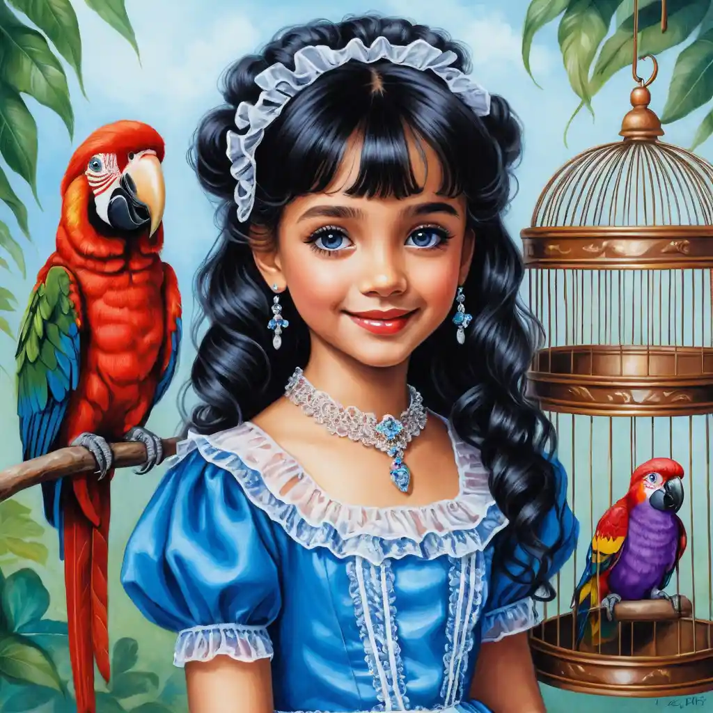Smiling Girl With Birdcage Parrot In Vintage Purple Dress