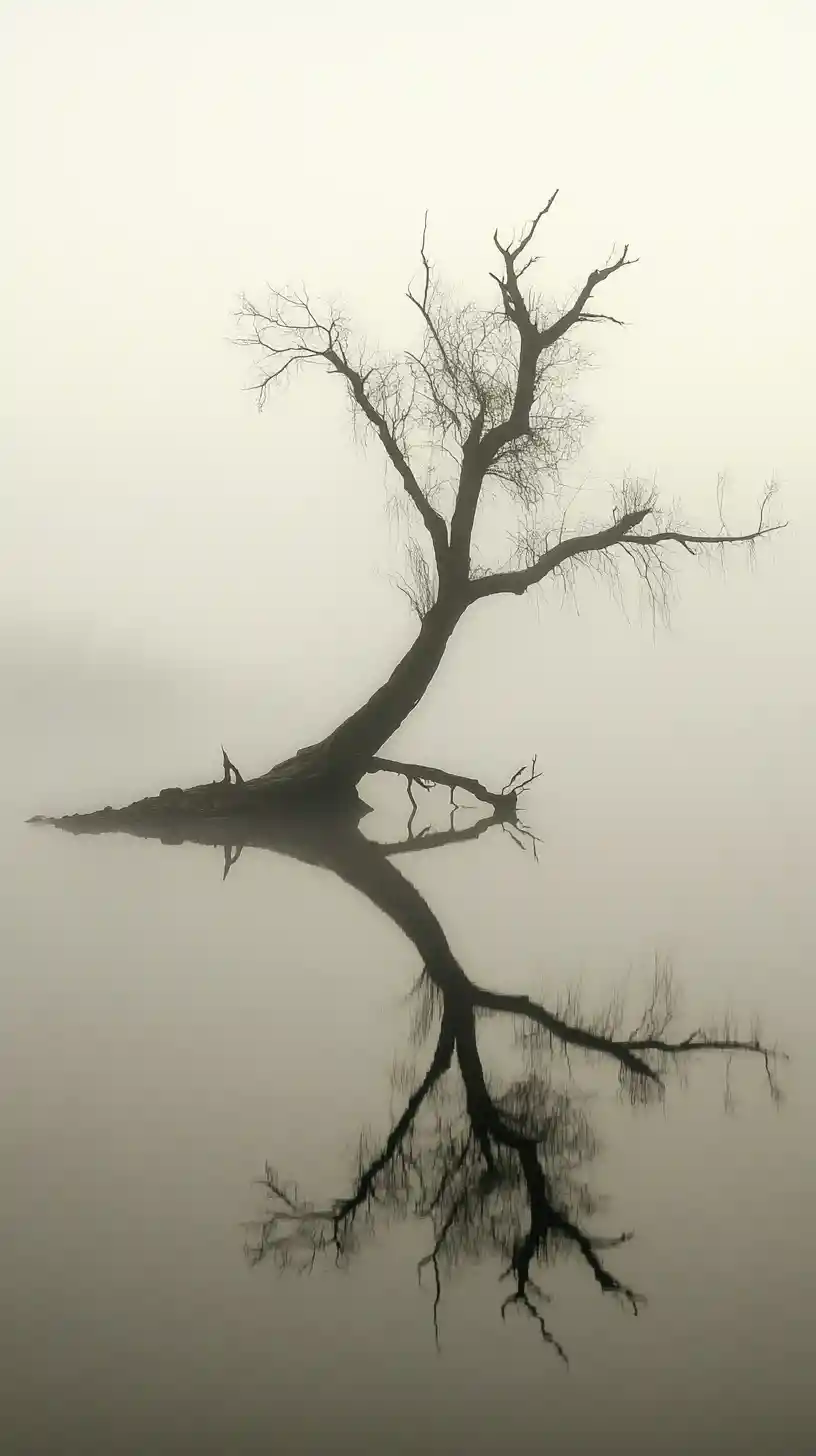 Lonely tree rising from foggy water in monochrome landscape