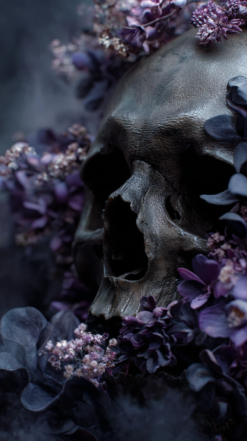 Gros plan d’un crâne ancien dans une brume florale sombre