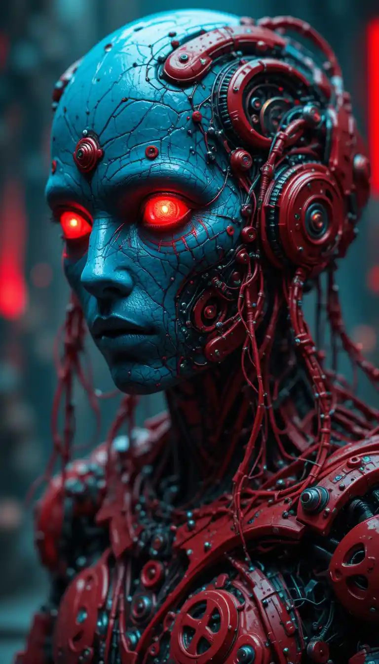 Humanoide cibernético com olhos vermelhos brilhantes e fios