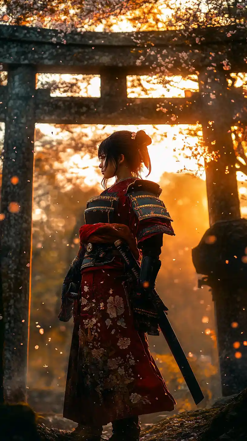 夕陽下毀壞鳥居前的日本女戰士
