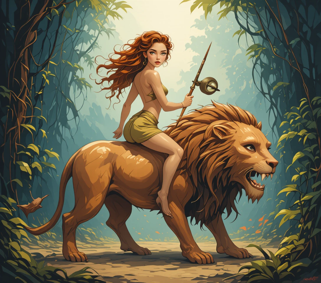 Héros fantastiques chevauchant un lion dans une jungle brumeuse