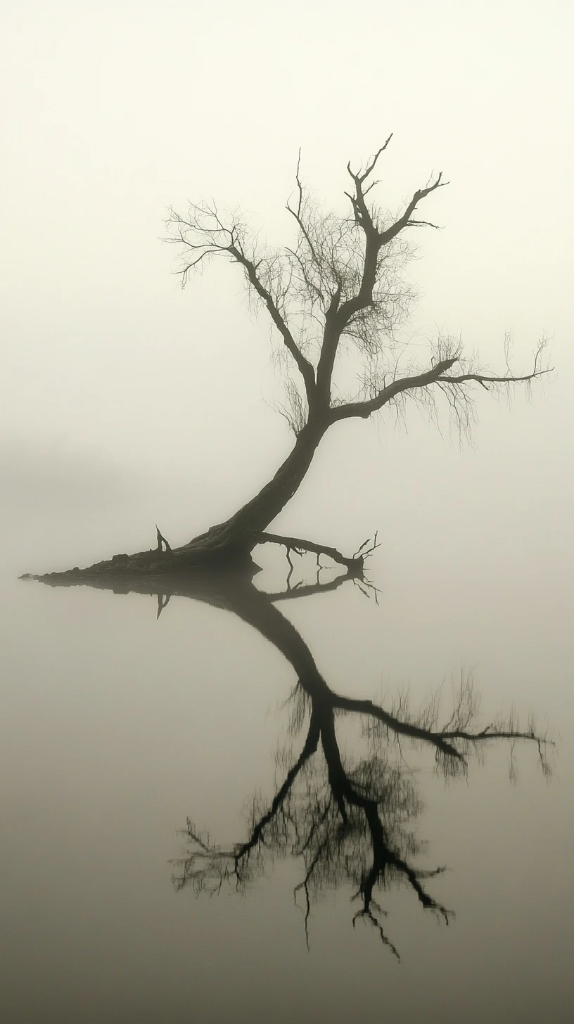 Arbre solitaire émergeant d’une eau brumeuse dans un paysage monochrome