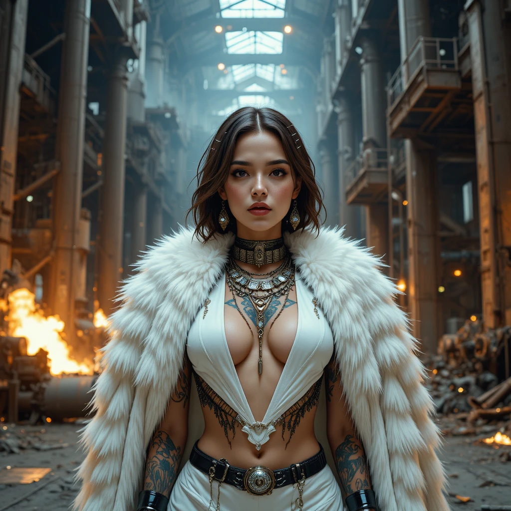 Space punk heroine in white fur cloak at steel mill
