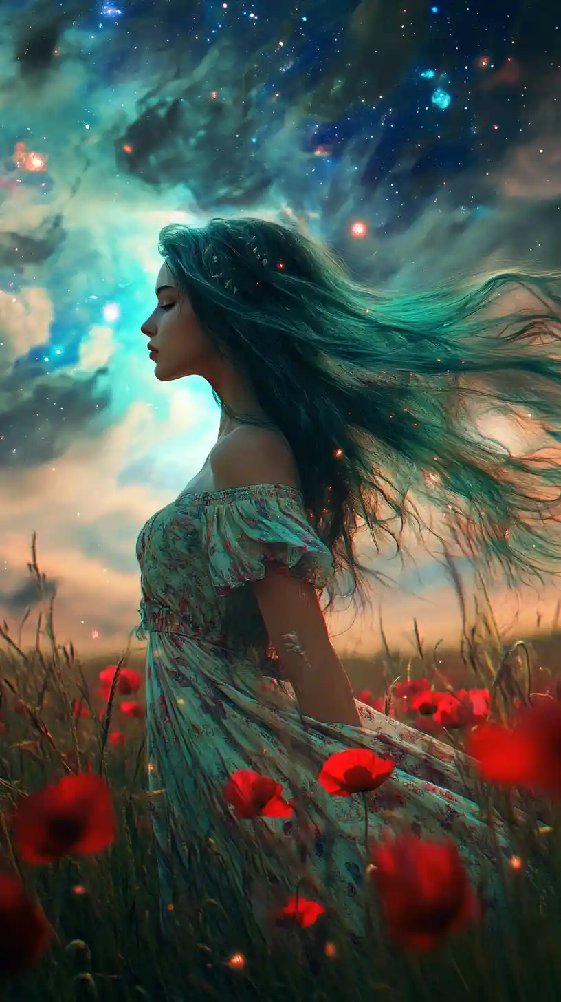 Fantasy girl with green hair in a cosmic meadow
