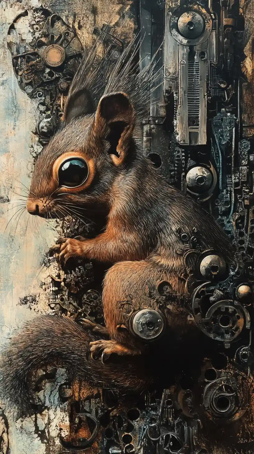 Esquilo surreal em mixed media com tons metálicos abstratos