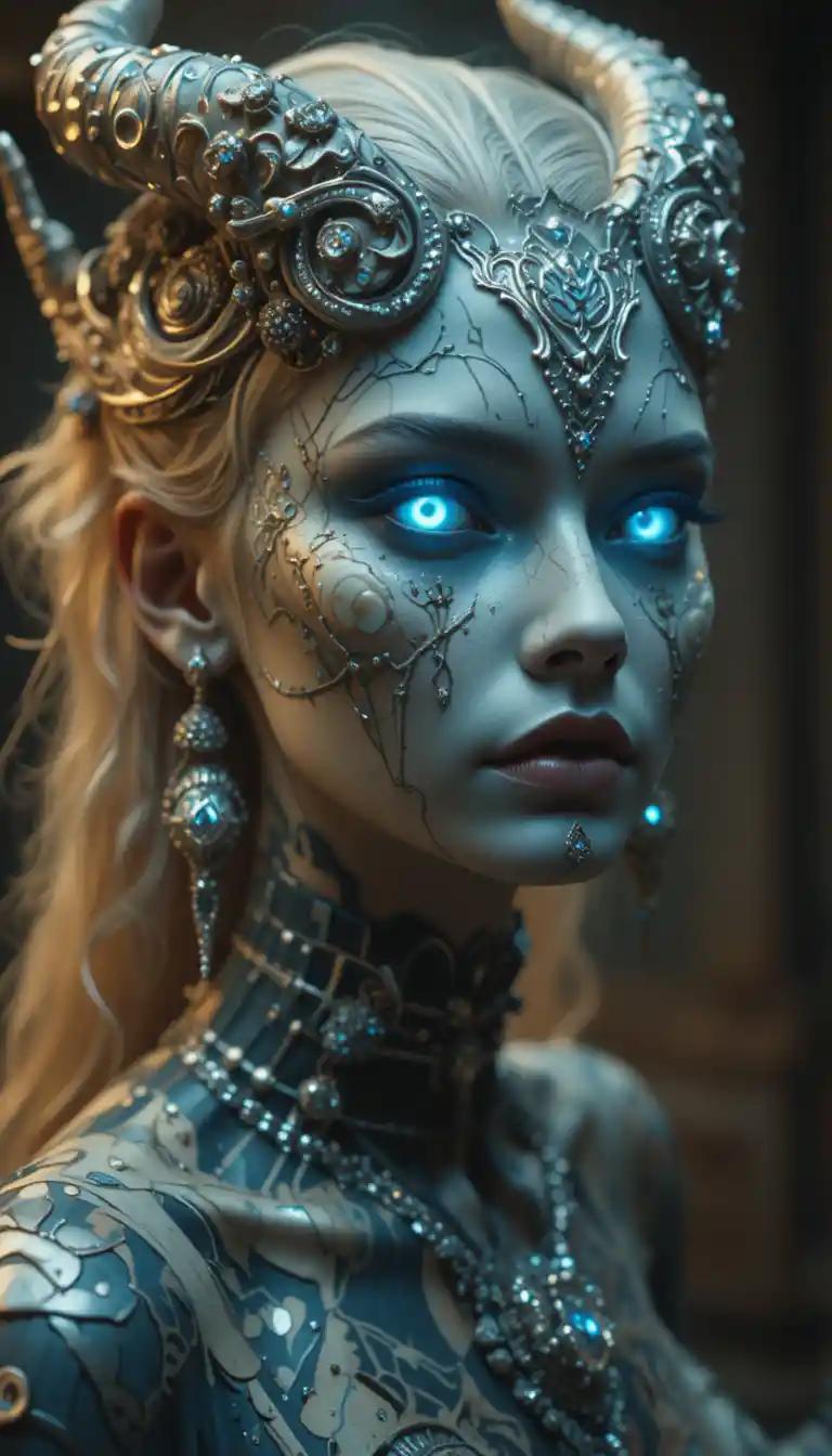 Cinematic portrait of a chrome framed female demon figure