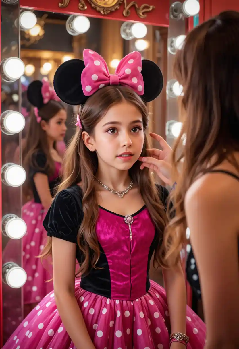 Young boy in Minnie dress getting makeup in boutique