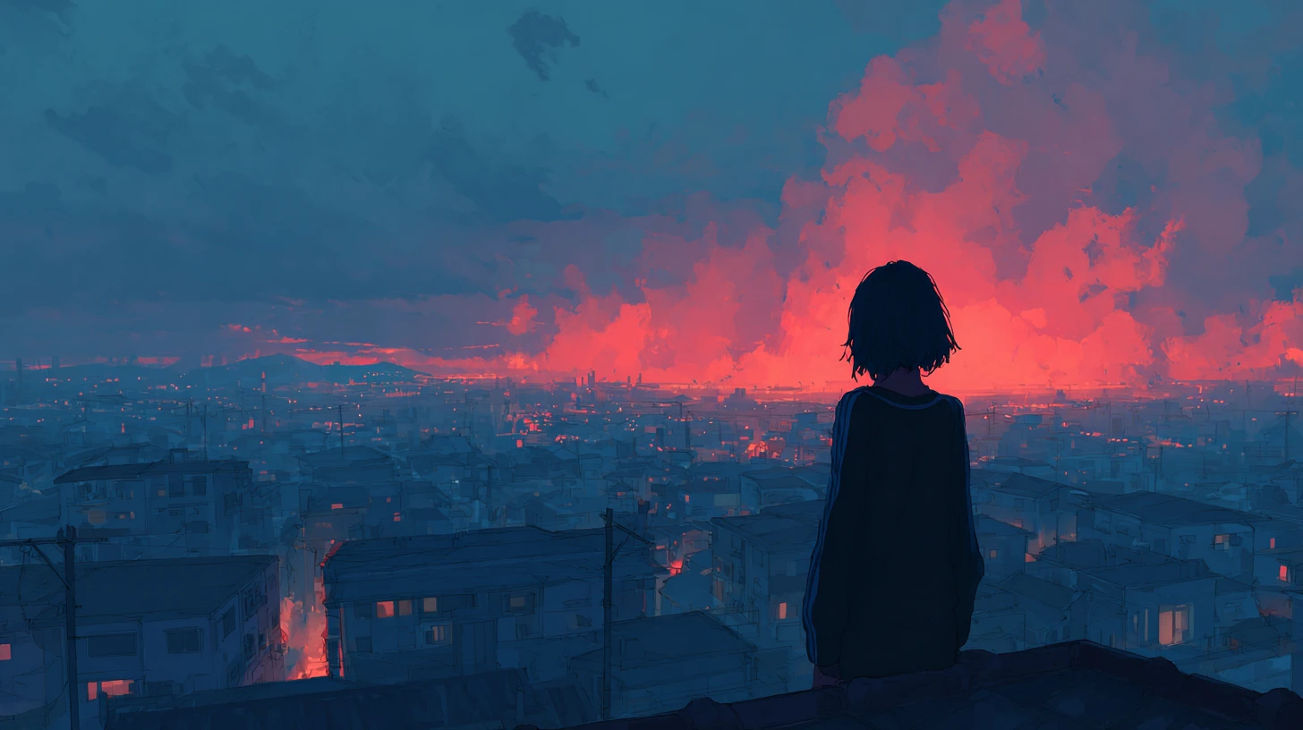 Ceifador retratado em ilustração dramática de estilo anime