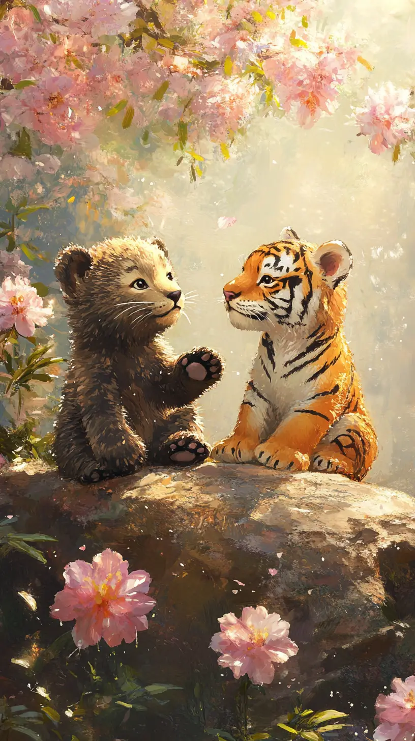 ピンクの花に囲まれた岩の上のクマとトラの子どもたち