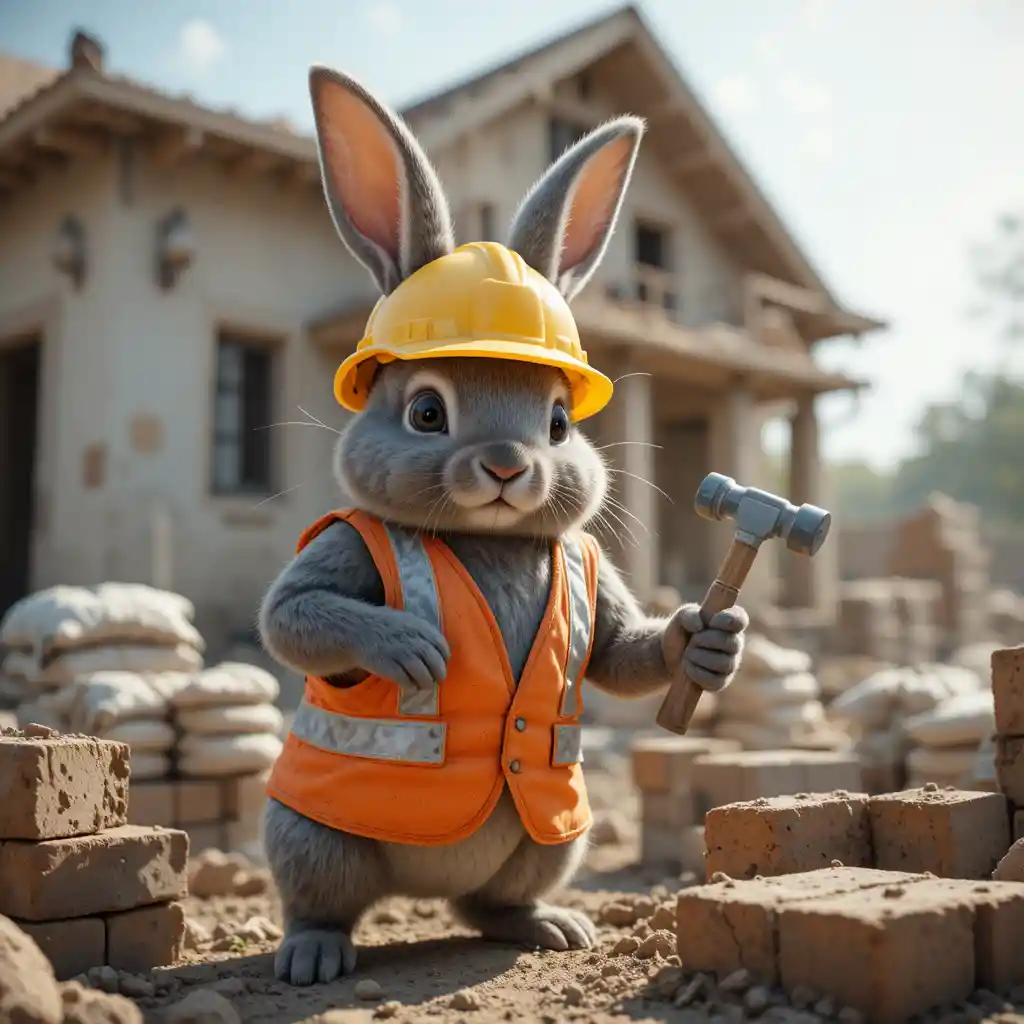 Coelho cinza forte operário de construção em canteiro movimentado