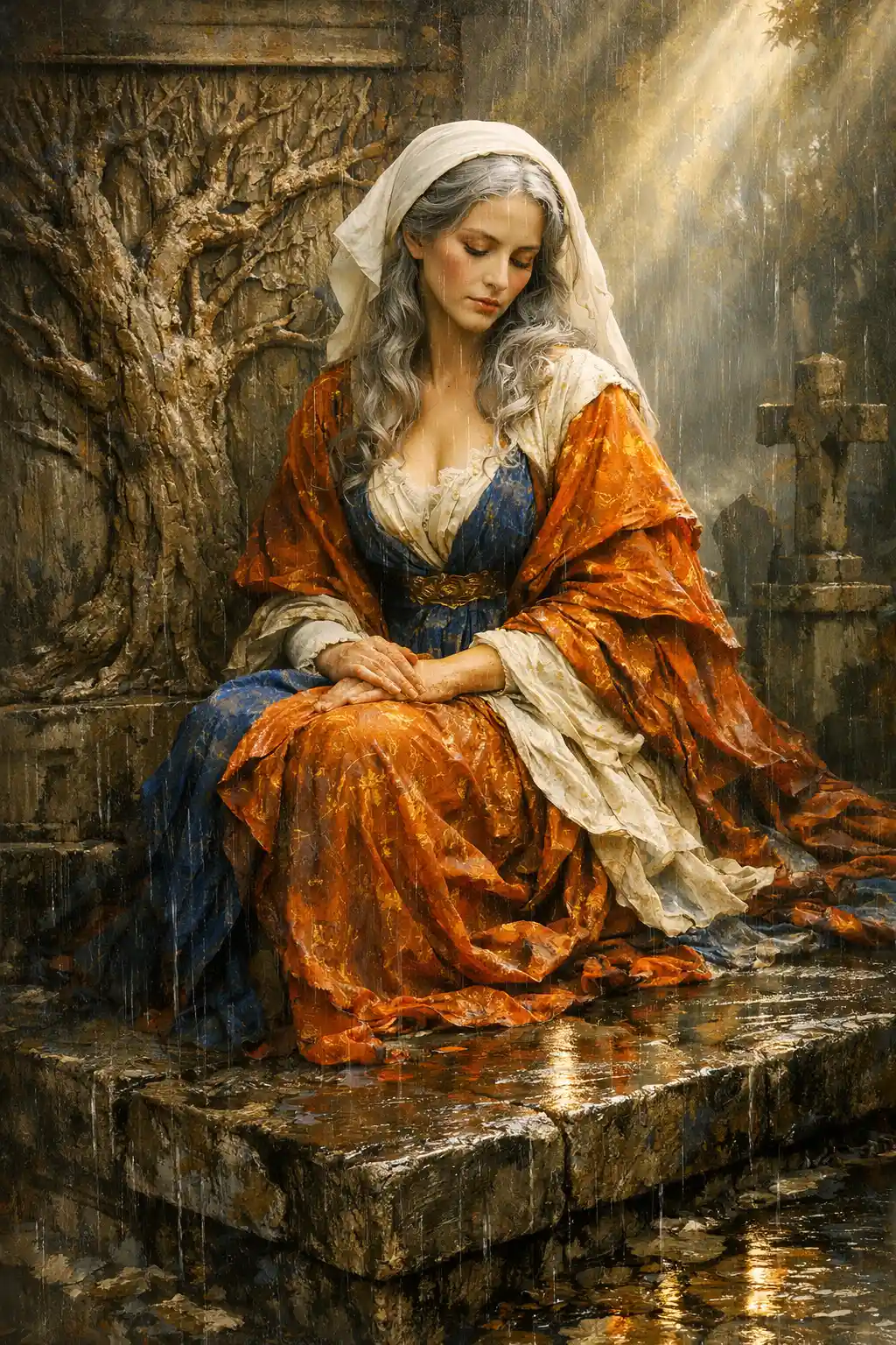 Surreal woman in layered gown beside wet cemetery stone