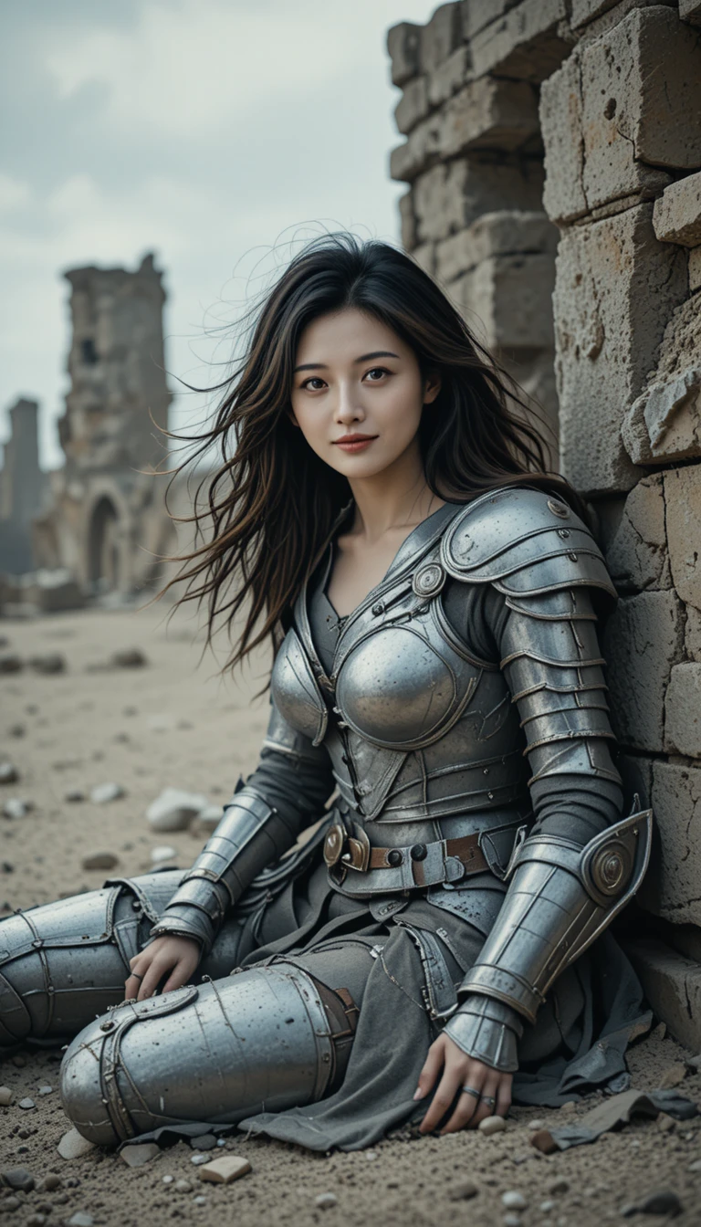 Wounded female warrior resting against ancient stone ruins