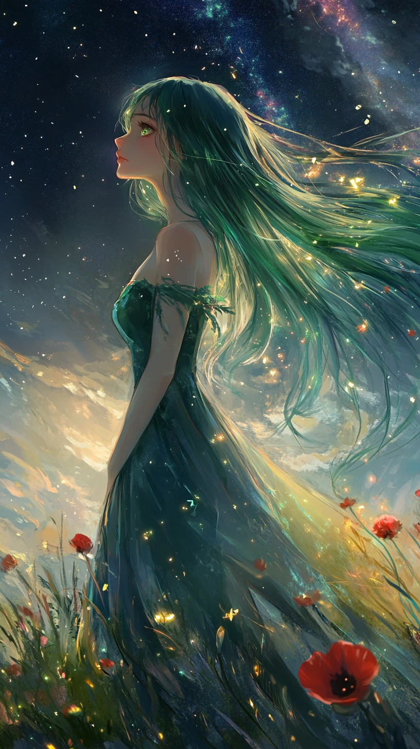Ethereal green haired woman in a cosmic enchanted meadow
