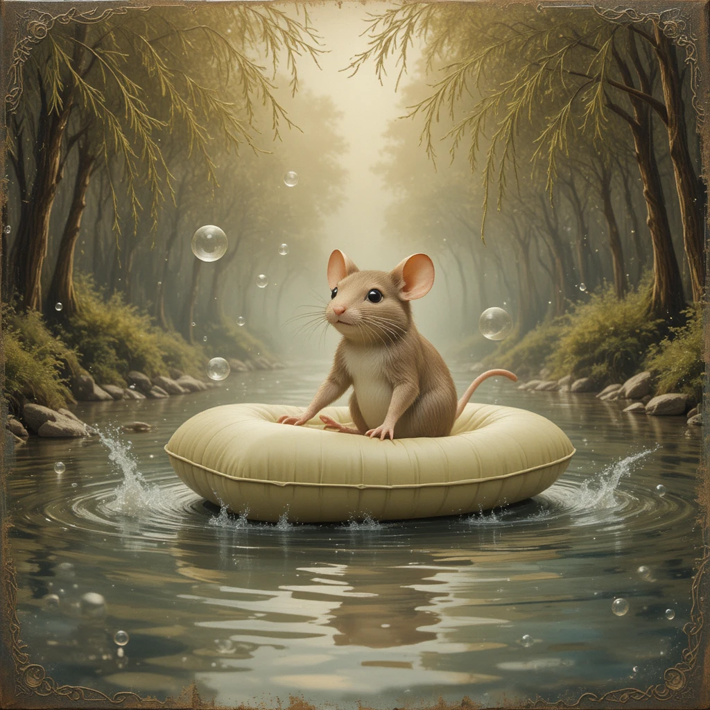 Whimsical Mouse Floating On Soap In A Dreamy River