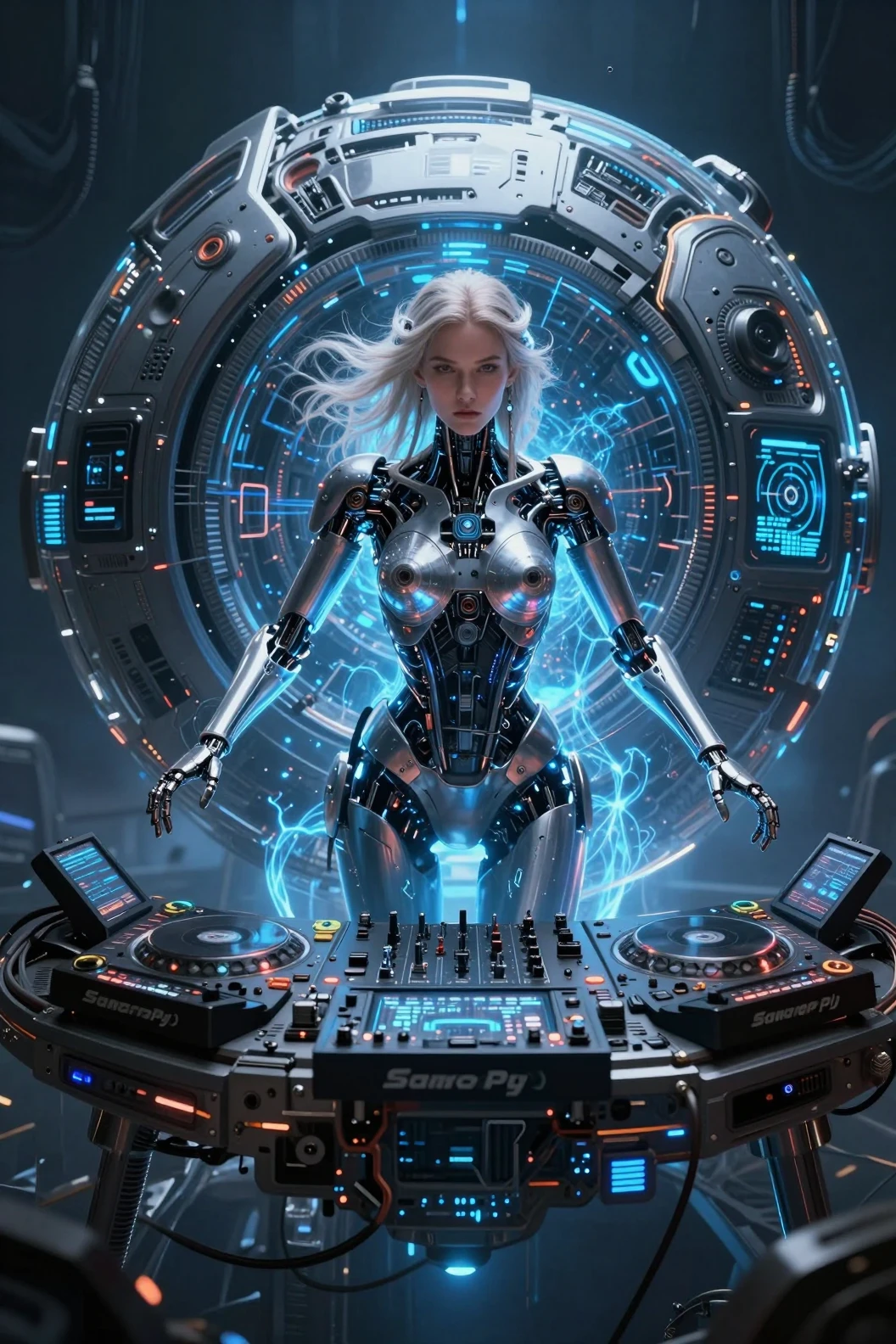 Cyborg goddess DJ inside a glowing futuristic music sphere
