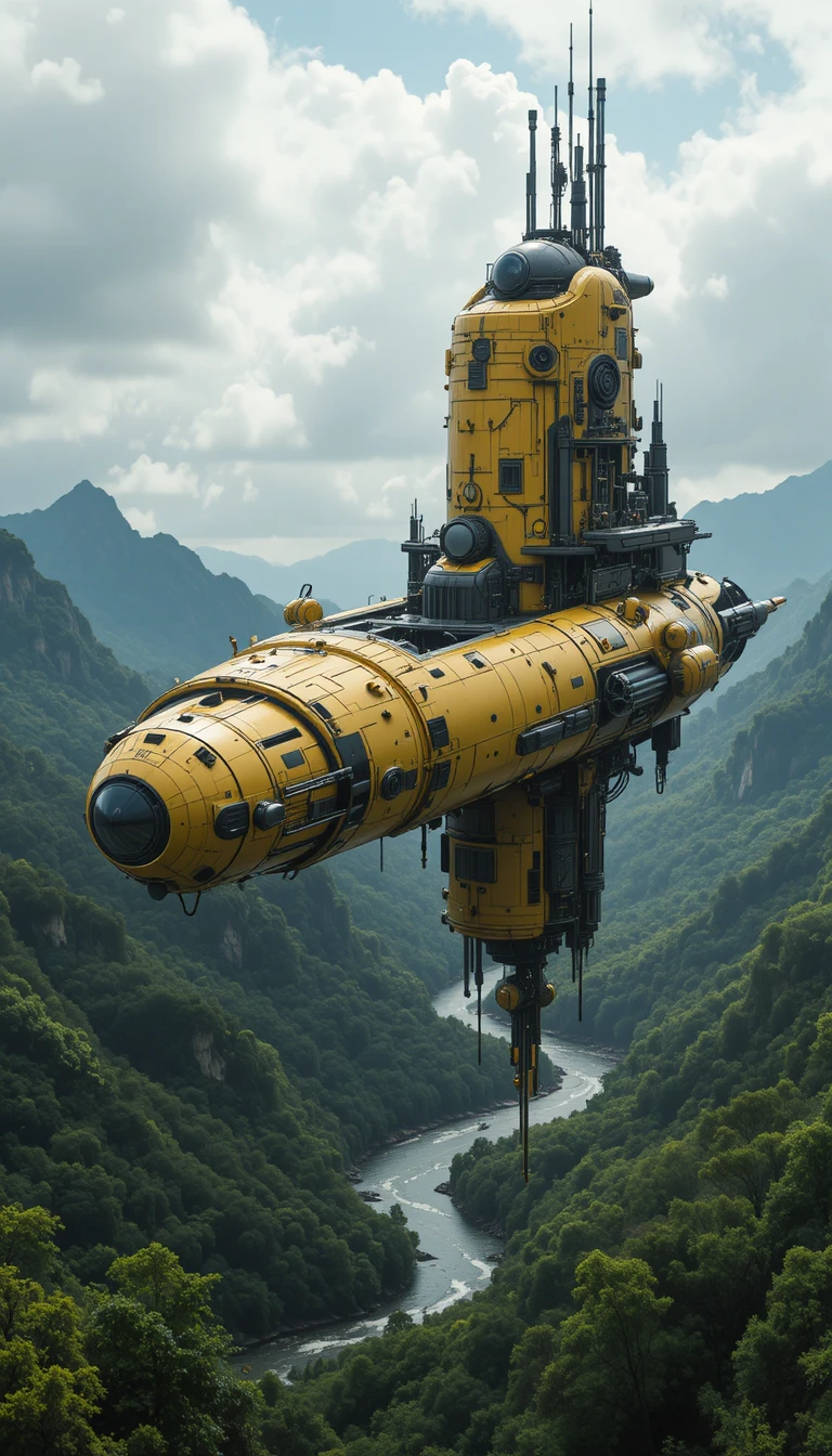 Vaisseau spatial jaune futuriste en lévitation au-dessus d’une vallée fluviale verte