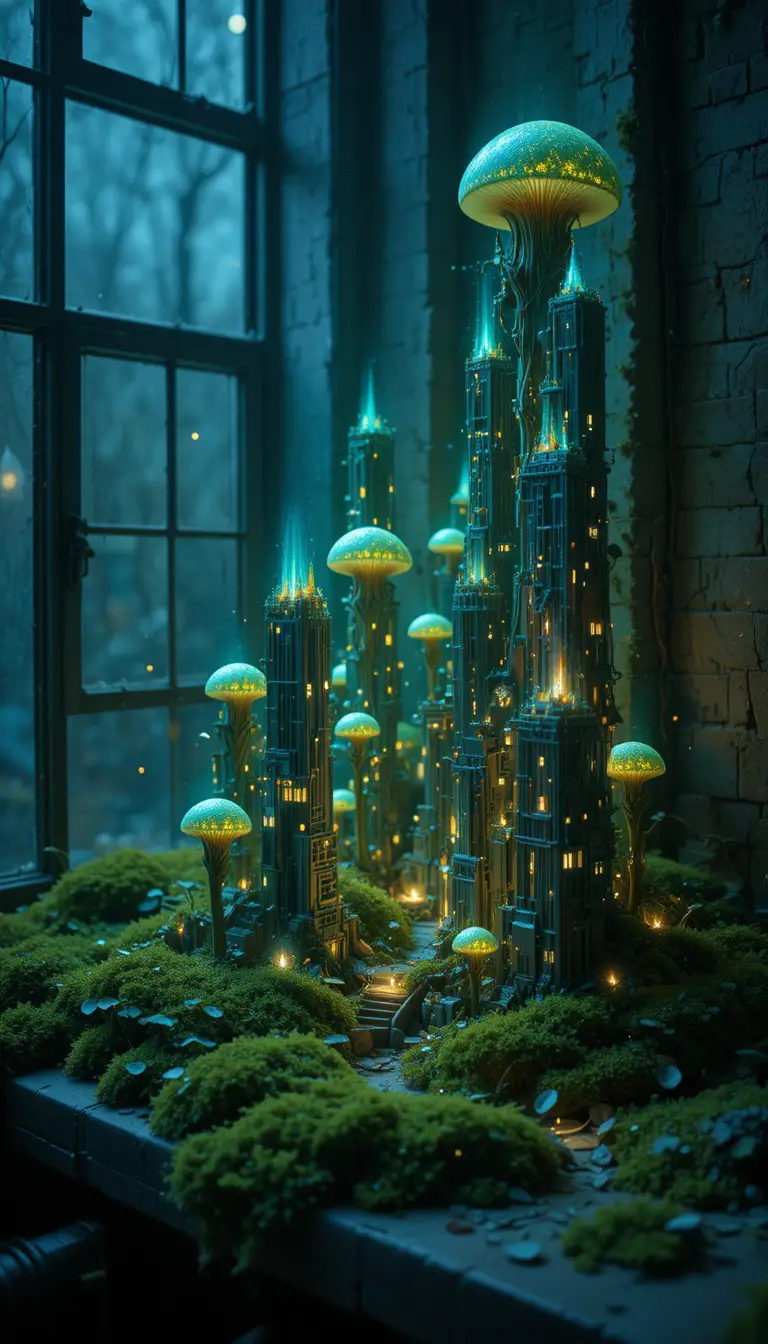 Miniature bioluminescent city rises from mossy windowsill