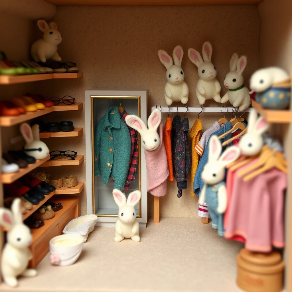Boutique em miniatura de feltro cheia de coelhos e pequenos acessórios