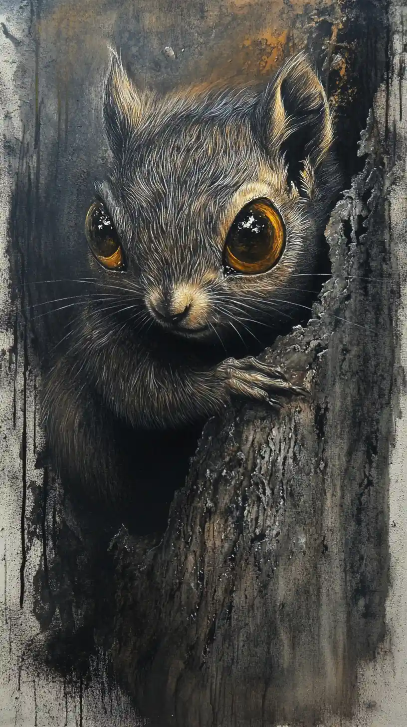 Mystical mixed media squirrel with large reflective eyes