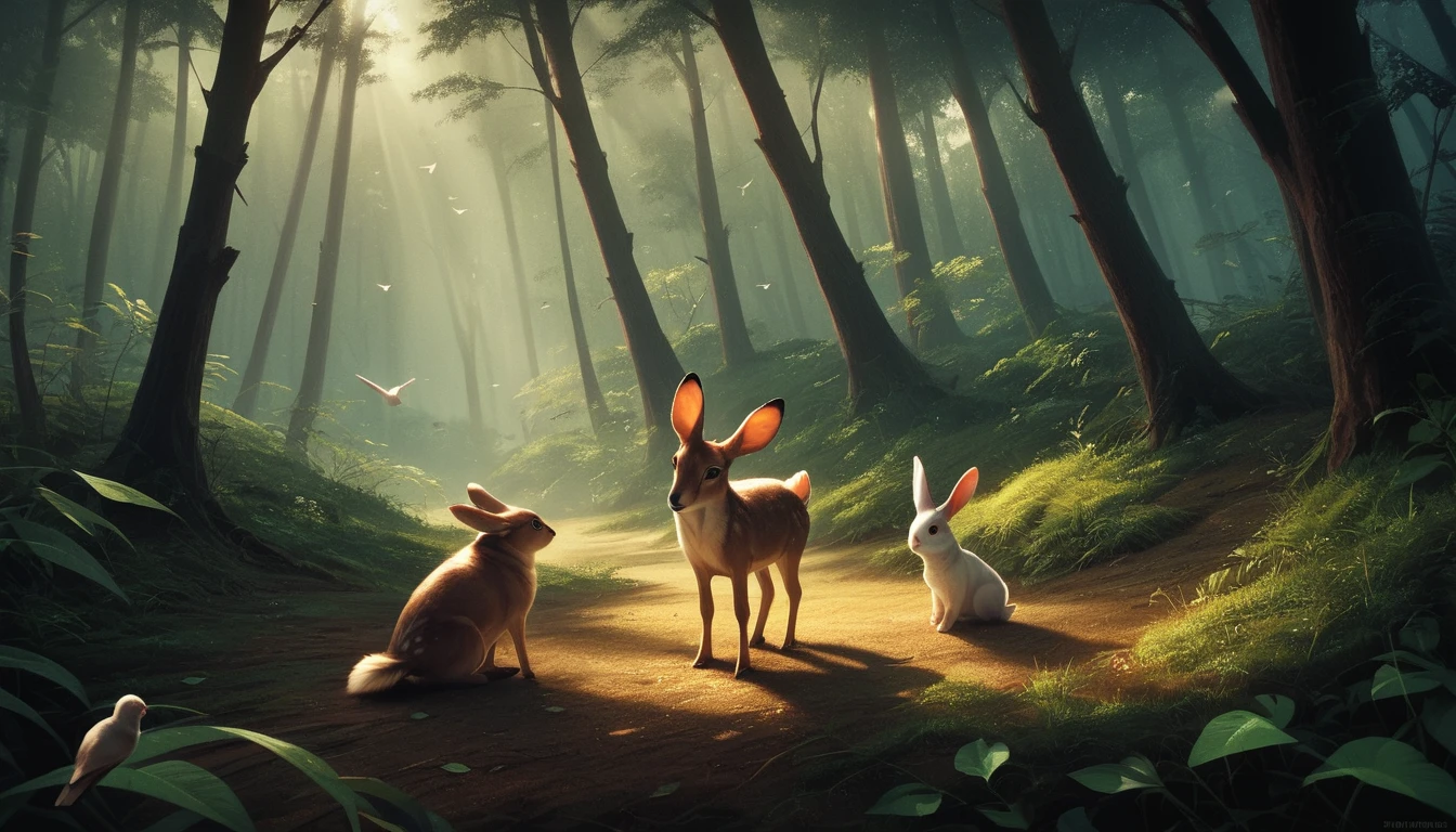 Vida selvagem na floresta ao entardecer em ilustração 3D cinematográfica