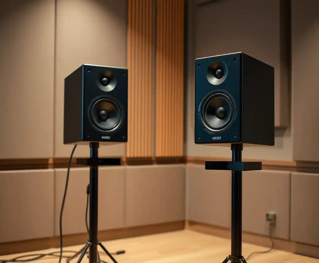 Studio monitor speakers aligned for optimal listening position