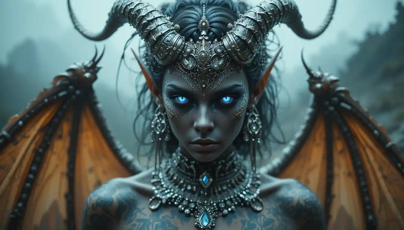 Cinematic portrait of a silver female demon sculpture