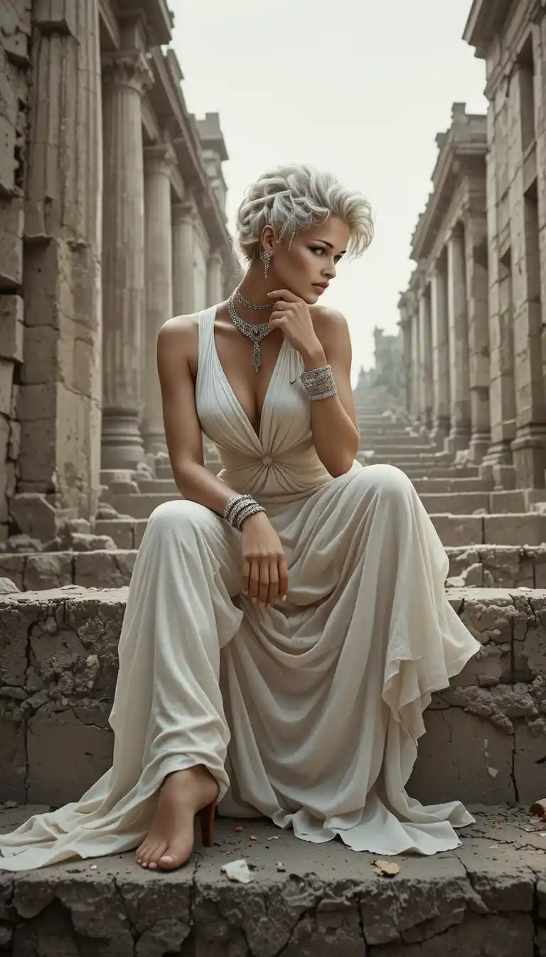 Contemplative woman in draped dress on weathered stone steps
