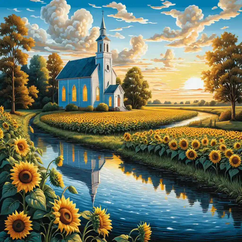 Chiesa all’alba sul fiume con luminoso campo di girasoli