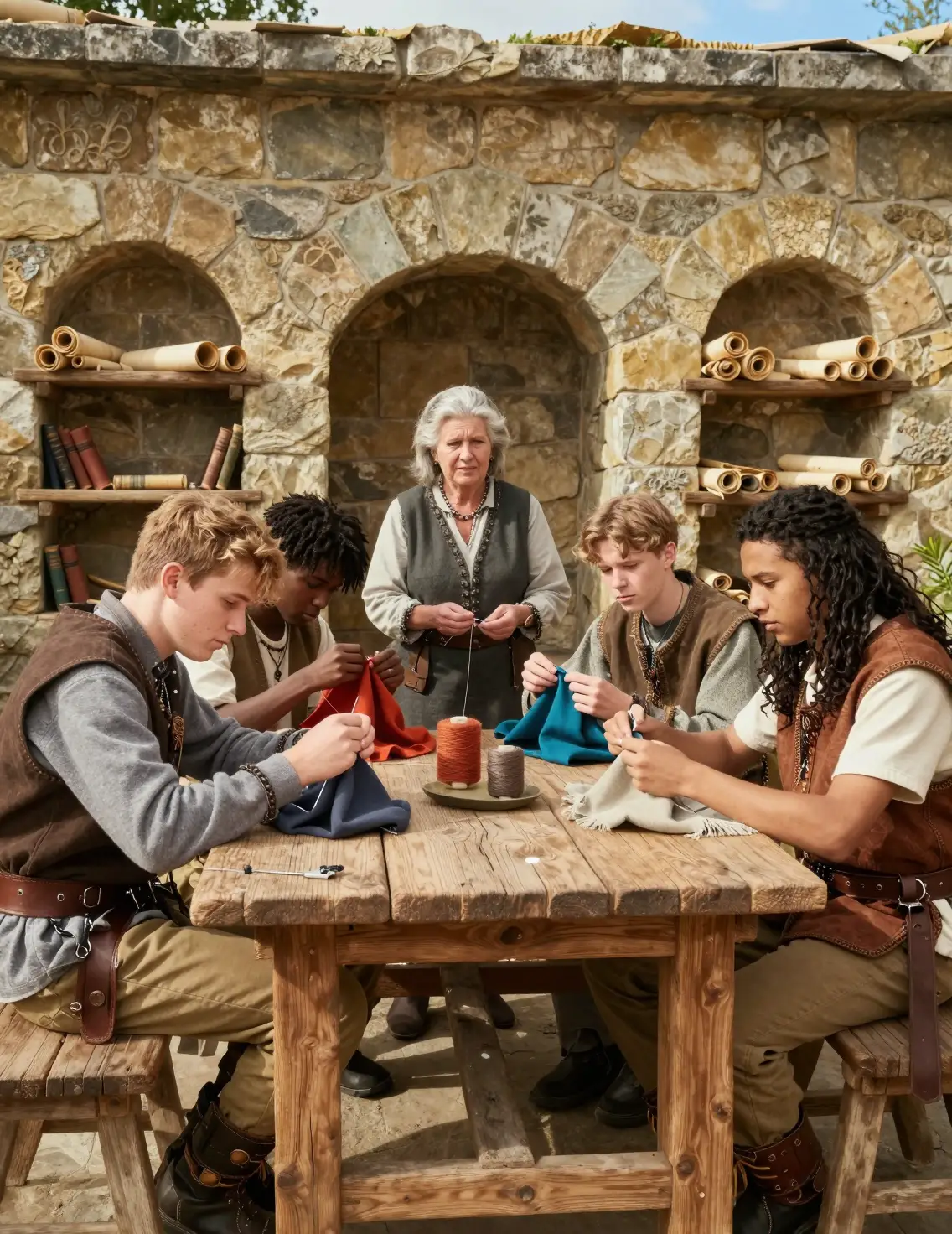 Teen boys sewing at a fantasy classroom table with teacher