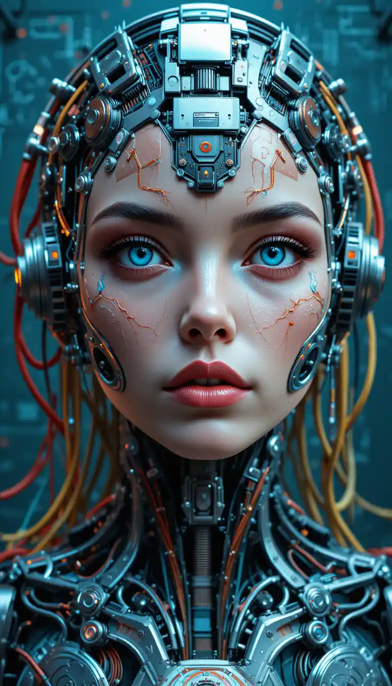 Futuristische Cyberpunk-Cyborg-Frau mit leuchtend blauen Augen