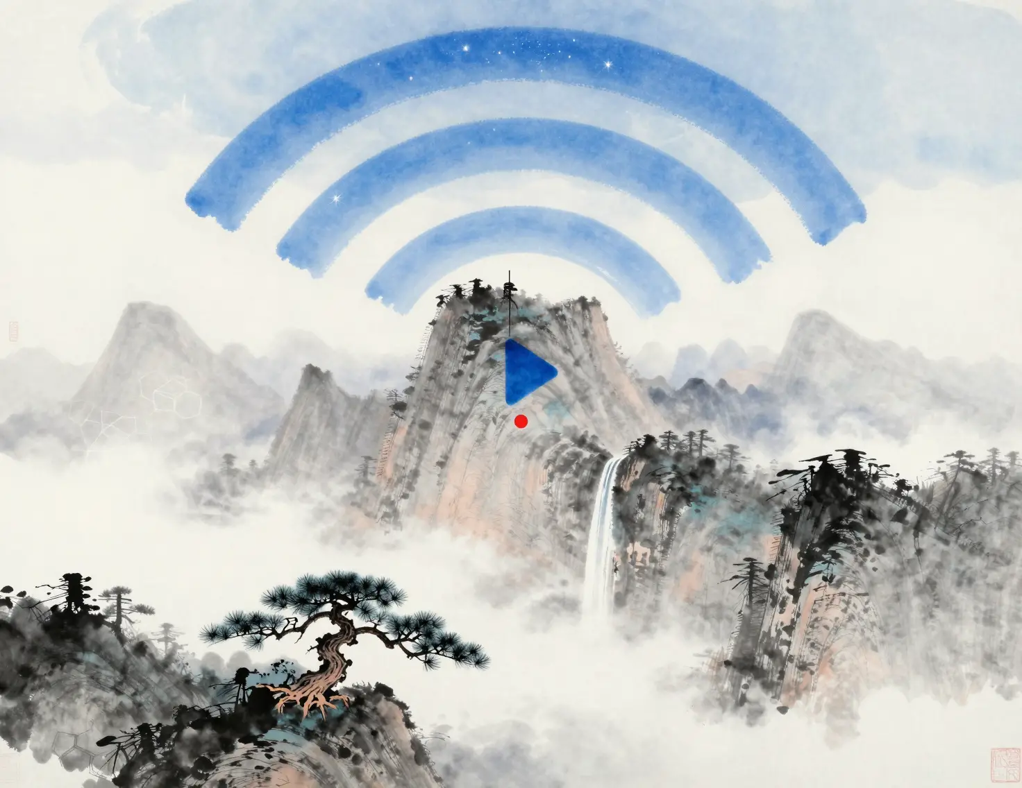 縱幅畫卷中自霧氣升起的水墨山峯