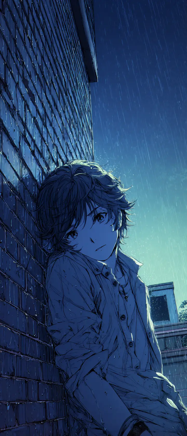 雨中巷弄裡緊握破裂照片的動漫男子