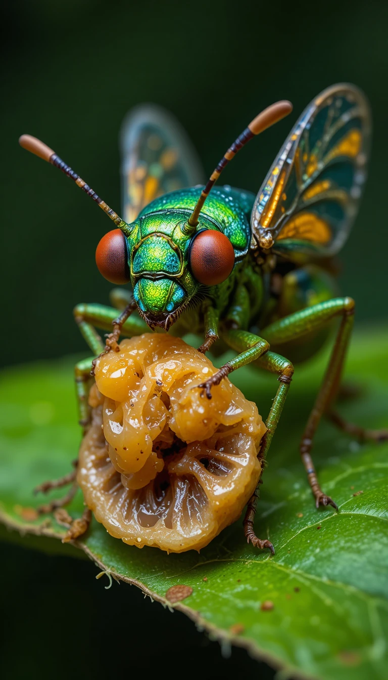 Coléoptère métallique vert mangeant un fruit sur une feuille